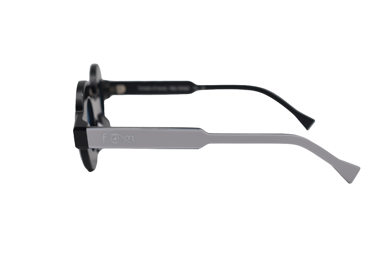 Profile view of FOM Optical glasses in high-density acetate with metal arms for durability and style.