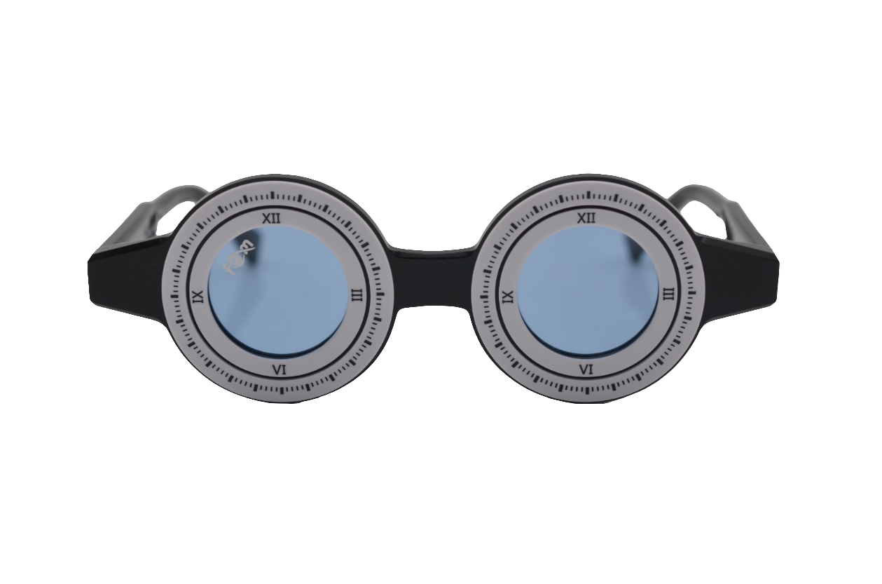 Occhiali FOM Optical in acetato con lenti blu e design innovativo a forma di orologio.